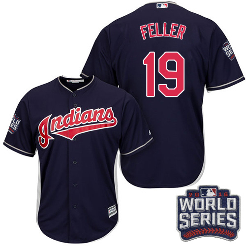 Youth Majestic Cleveland Indians #19 Bob Feller Authentic Navy Blue Alternate 1 2016 World Series Bound Cool Base MLB Jersey