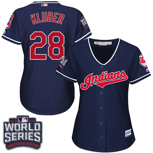 Women's Majestic Cleveland Indians #28 Corey Kluber Authentic Navy Blue Alternate 1 2016 World Series Bound Cool Base MLB Jersey