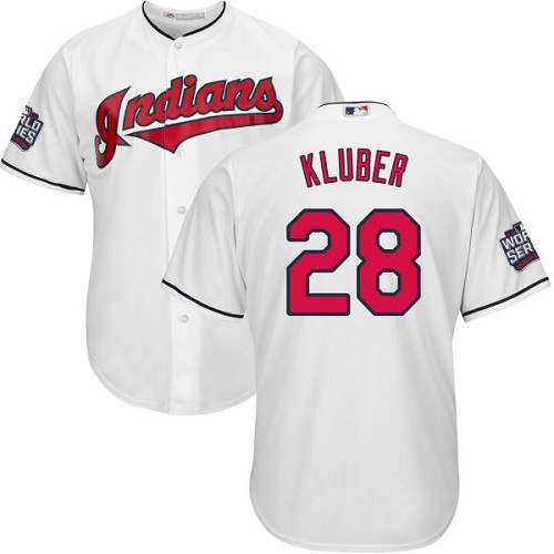 Youth Majestic Cleveland Indians #28 Corey Kluber Authentic White Home 2016 World Series Bound Cool Base MLB Jersey
