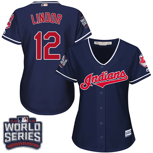 Women's Majestic Cleveland Indians #12 Francisco Lindor Authentic Navy Blue Alternate 1 2016 World Series Bound Cool Base MLB Jersey