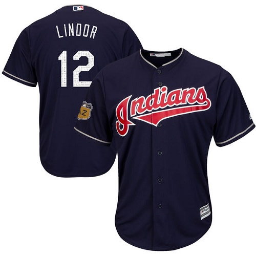 Youth Majestic Cleveland Indians #12 Francisco Lindor Authentic Navy Blue 2017 Spring Training Cool Base MLB Jersey