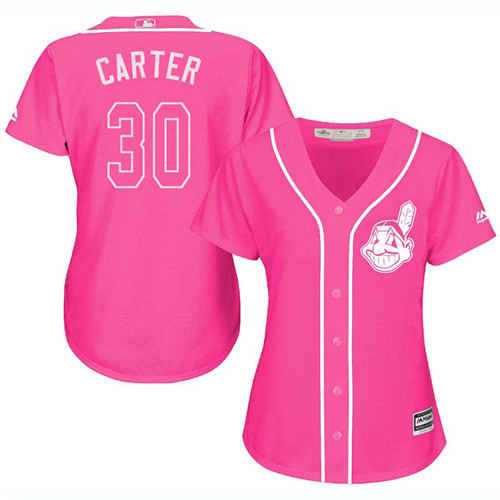 Women's Majestic Cleveland Indians #30 Joe Carter Authentic Pink Fashion Cool Base MLB Jersey