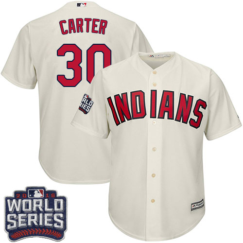 Youth Majestic Cleveland Indians #30 Joe Carter Authentic Cream Alternate 2 2016 World Series Bound Cool Base MLB Jersey
