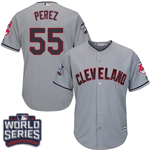 Youth Majestic Cleveland Indians #55 Roberto Perez Authentic Grey Road 2016 World Series Bound Cool Base MLB Jersey