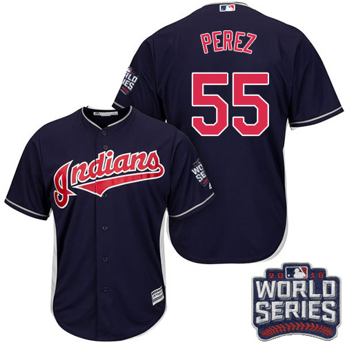 Youth Majestic Cleveland Indians #55 Roberto Perez Authentic Navy Blue Alternate 1 2016 World Series Bound Cool Base MLB Jersey
