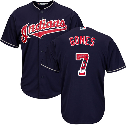 Men's Majestic Cleveland Indians #7 Yan Gomes Authentic Navy Blue Team Logo Fashion Cool Base MLB Jersey
