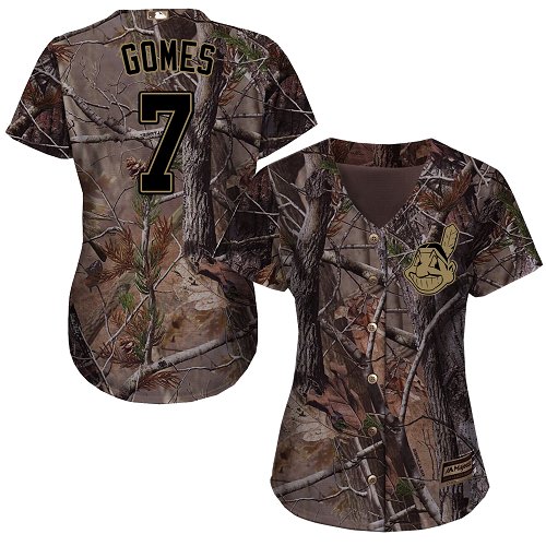 Women's Majestic Cleveland Indians #7 Yan Gomes Authentic Camo Realtree Collection Flex Base MLB Jersey