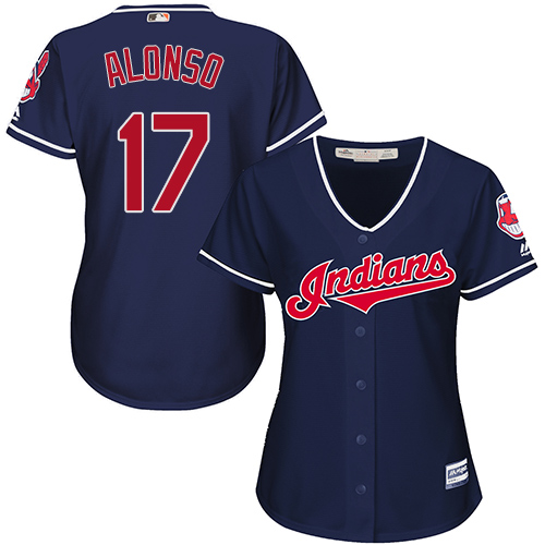 Women's Majestic Cleveland Indians #17 Yonder Alonso Replica Navy Blue Alternate 1 Cool Base MLB Jersey